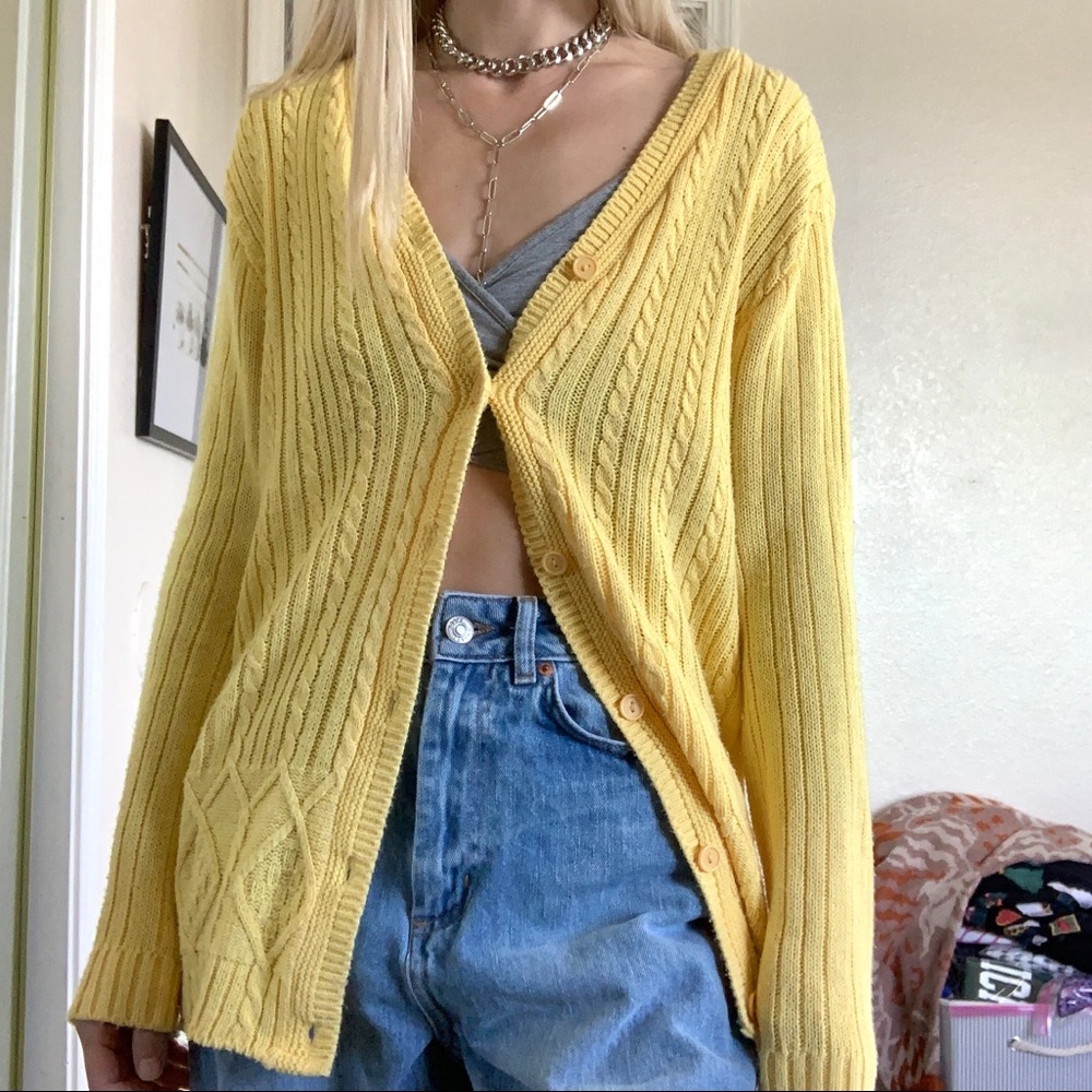 Vintage Yellow Cable Knit Cardigan Grandma Sweater